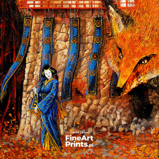 Roch Urbaniak, “Kitsune and the Nightingale". The painting depicts a mighty fiery fox with five tails, a traditional Japanese temple, and a woman in a geisha outfit. Buy a collectible print (giclée). In our offer you will find art prints and reproductions of contemporary art paintings. Available only at Fine Art Prints!