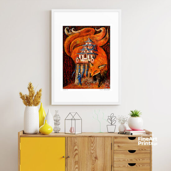 Roch Urbaniak, “Kitsune and the Nightingale". The painting depicts a mighty fiery fox with five tails, a traditional Japanese temple, and a woman in a geisha outfit. Buy a collectible print (giclée). In our offer you will find art prints and reproductions of contemporary art paintings. Available only at Fine Art Prints!