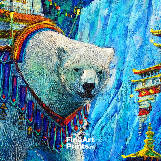 Roch Urbaniak, “Nagarkot". Winter scenery with a mighty polar bear with a temple on its back. Buy a collectible print (giclée). In our offer you will find art prints and reproductions of contemporary art paintings. Available only at Fine Art Prints!