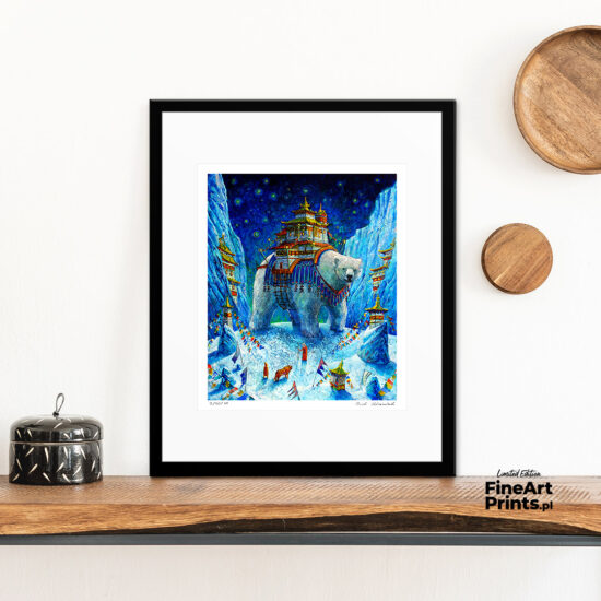 Roch Urbaniak, “Nagarkot". Winter scenery with a mighty polar bear with a temple on its back. Buy a collectible print (giclée). In our offer you will find art prints and reproductions of contemporary art paintings. Available only at Fine Art Prints!