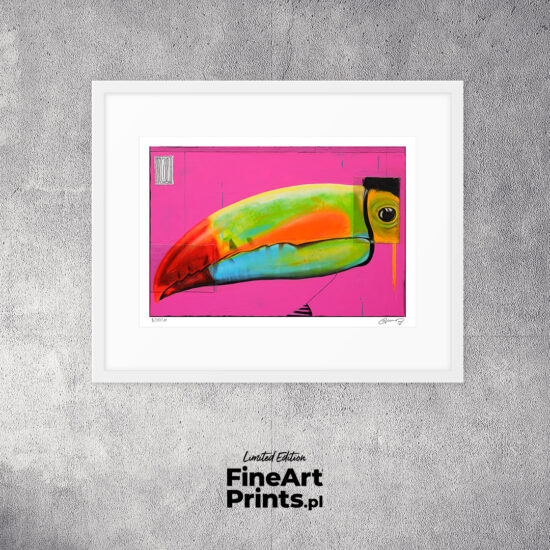 “370 Grams of Freedom”, Wojciech Brewka. Exotic toucan on a pink background with a colorful beak. Buy a collectible print (giclée). In our offer you will find art prints and reproductions of contemporary art paintings. Available only at Fine Art Prints!