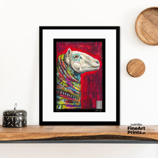 Wojciech Brewka, “Glamour". Sheep in a colorful scarf on a red background. Buy a collectible print (giclée). In our offer you will find art prints and reproductions of contemporary art paintings. Available only at Fine Art Prints!
