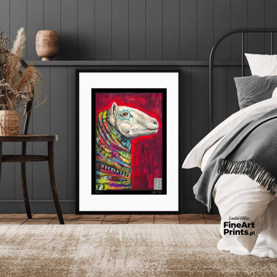 Wojciech Brewka, “Glamour". Sheep in a colorful scarf on a red background. Buy a collectible print (giclée). In our offer you will find art prints and reproductions of contemporary art paintings. Available only at Fine Art Prints!