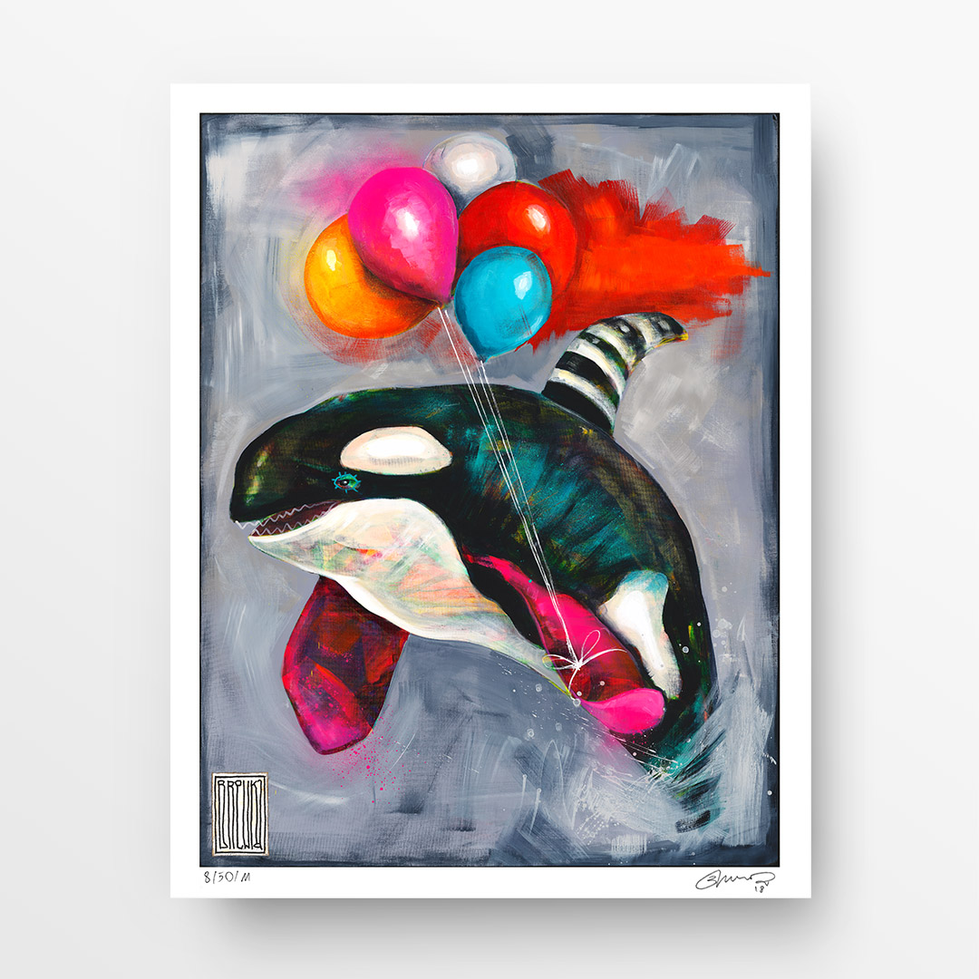 Wojciech Brewka, “Fly!”. Orca whale with balloons flying out of the water. Buy a collectible print (giclée). In our offer you will find art prints and reproductions of contemporary art paintings. Available only at Fine Art Prints!