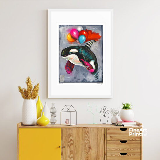 Wojciech Brewka, “Fly!”. Orca whale with balloons flying out of the water. Buy a collectible print (giclée). In our offer you will find art prints and reproductions of contemporary art paintings. Available only at Fine Art Prints!