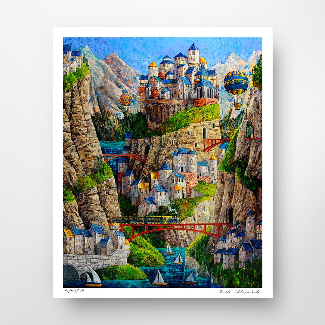 Roch Urbaniak, “Red Bridges". The painting depicts a fairy-tale mountain scenery with beautiful castles, flying balloons, and the titular red bridges. Buy a collectible print (giclée). In our offer you will find art prints and reproductions of contemporary art paintings. Available only at Fine Art Prints!