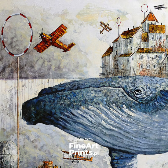 Roch Urbaniak, “Dreams into Reality". Flying whales carrying buildings on their backs. Airplanes are soaring around them, and palaces float on balloons.  Buy a collectible print (giclée). In our offer you will find art prints and reproductions of contemporary art paintings. Available only at Fine Art Prints!