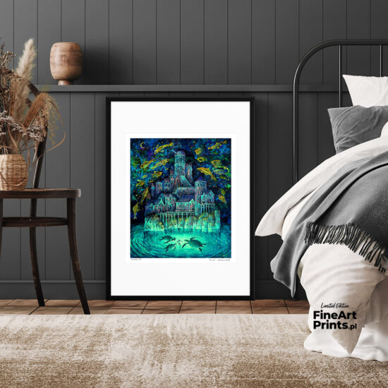 Roch Urbaniak, “Study in Turquoise". The painting depicts a fantastic nighttime scenery, a mighty castle on a rocky islet, illuminated water in which a figure surrounded by large sea turtles swims. Around the castle, fish fly. Buy a collectible print (giclée). In our offer you will find art prints and reproductions of contemporary art paintings. Available only at Fine Art Prints!
