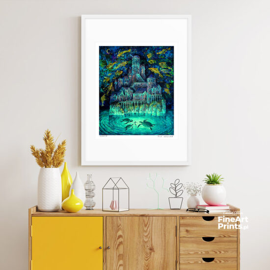 Roch Urbaniak, “Study in Turquoise". The painting depicts a fantastic nighttime scenery, a mighty castle on a rocky islet, illuminated water in which a figure surrounded by large sea turtles swims. Around the castle, fish fly. Buy a collectible print (giclée). In our offer you will find art prints and reproductions of contemporary art paintings. Available only at Fine Art Prints!