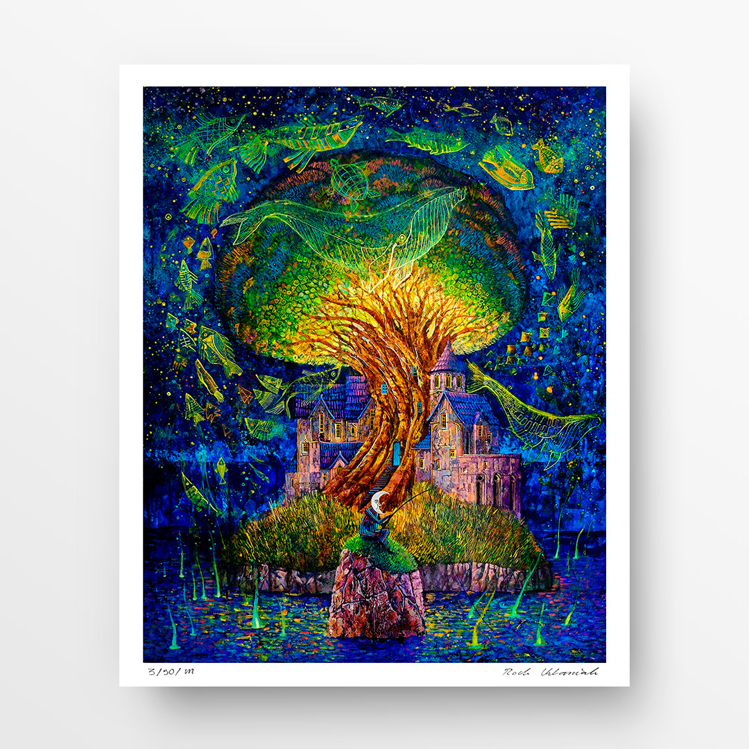 Roch Urbaniak, “Sea of Abundance". A magical palace in a tree surrounded by water and fish, with a moon-headed figure fishing. Buy a collectible print (giclée). In our offer you will find art prints and reproductions of contemporary art paintings. Available only at Fine Art Prints!