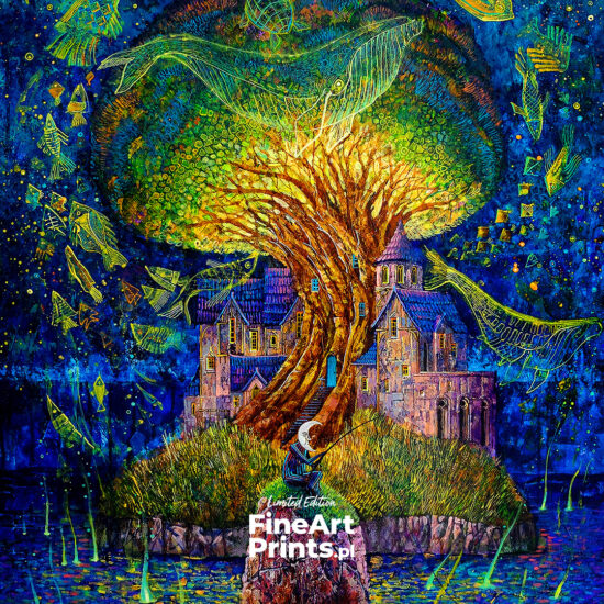 Roch Urbaniak, “Sea of Abundance". A magical palace in a tree surrounded by water and fish, with a moon-headed figure fishing. Buy a collectible print (giclée). In our offer you will find art prints and reproductions of contemporary art paintings. Available only at Fine Art Prints!