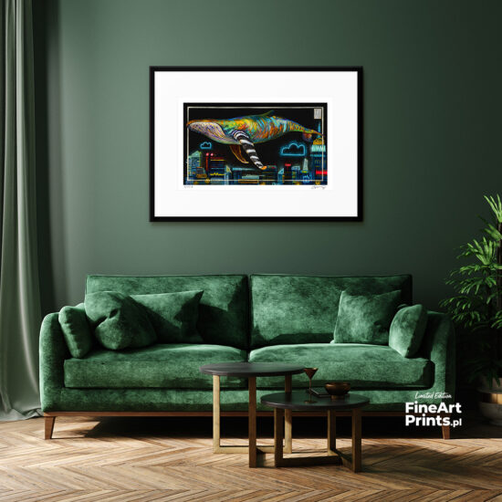 Wojciech Brewka, “Night Cruising". A neon whale flying over the skyline of Warsaw. Buy a collectible print (giclée). In our offer you will find art prints and reproductions of contemporary art paintings. Available only at Fine Art Prints!