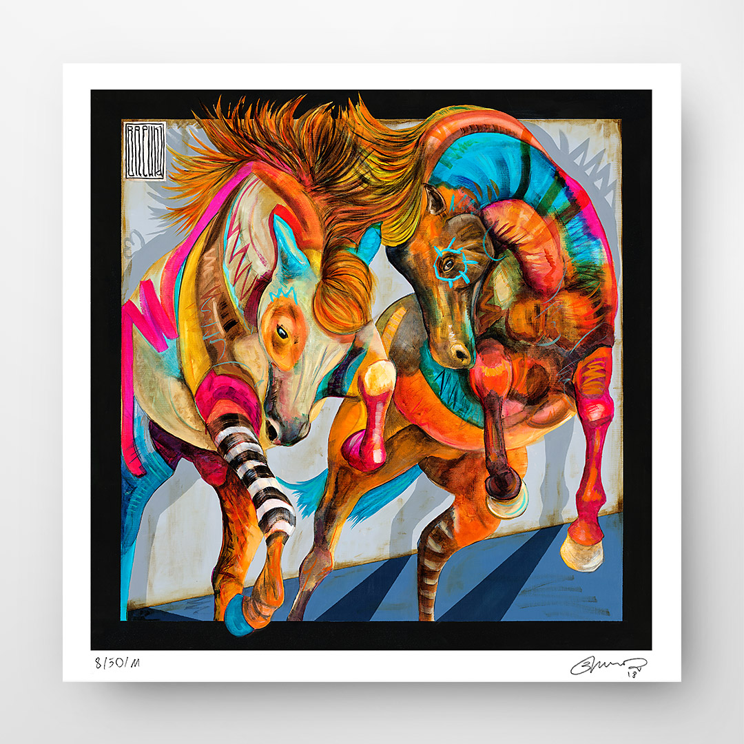 Wojciech Brewka, “Twins II". Two colorful horses galloping. Buy a collectible print (giclée). In our offer you will find art prints and reproductions of contemporary art paintings. Available only at Fine Art Prints!