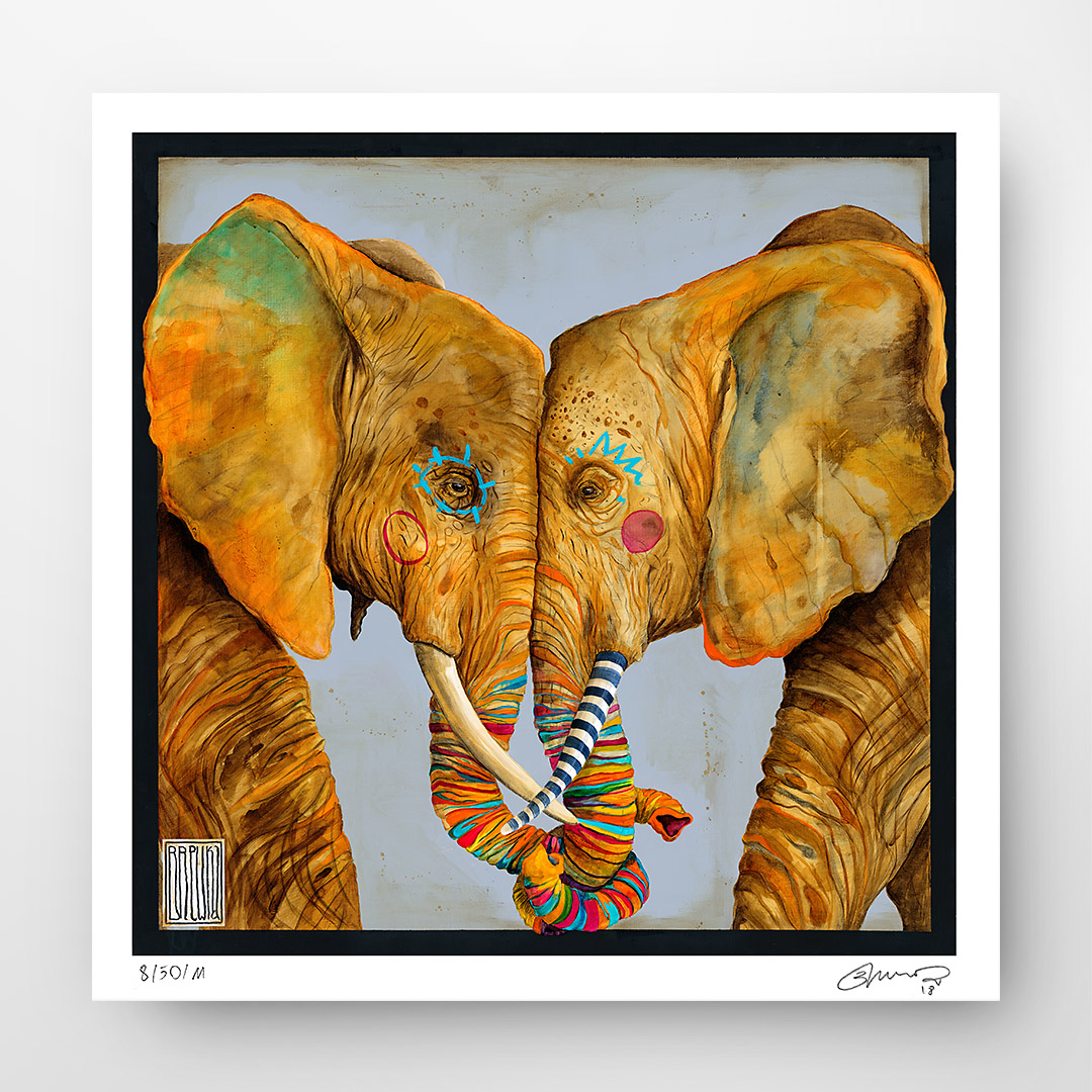 Wojciech Brewka, “Soulmates". Two elephants hugging each other with their trunks. Buy a collectible print (giclée). In our offer you will find art prints and reproductions of contemporary art paintings. Available only at Fine Art Prints!