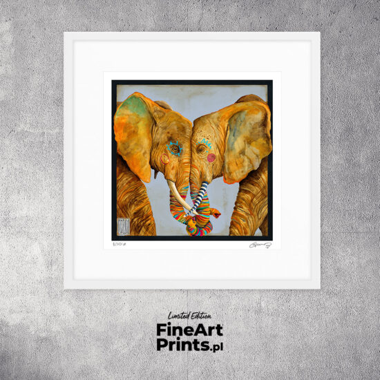 Wojciech Brewka, “Soulmates". Two elephants hugging each other with their trunks. Buy a collectible print (giclée). In our offer you will find art prints and reproductions of contemporary art paintings. Available only at Fine Art Prints!