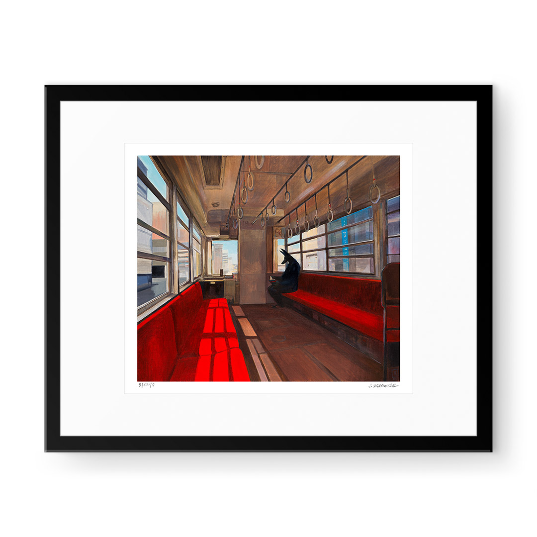 Print "Anubis in Hakone" by Joanna Karpowicz depicting the figure of Anubis in a train carriage