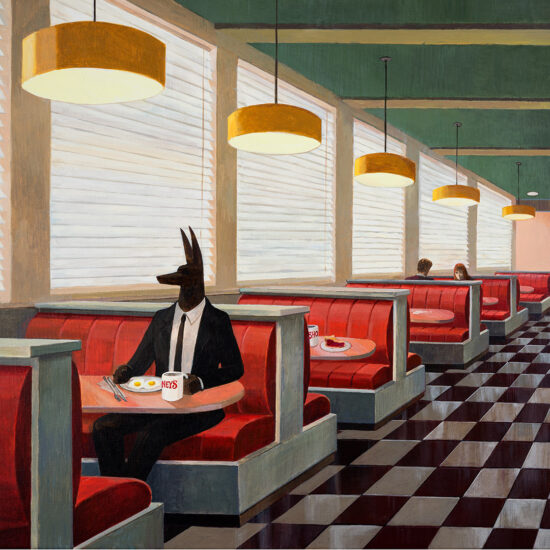 Diner by Joanna Karpowicz - Anubis savoring morning coffee in an American diner