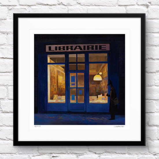The 'Librairie' print by Joanna Karpowicz depicting Anubis in front of the bookstore