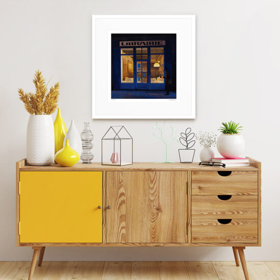 The 'Librairie' print by Joanna Karpowicz depicting Anubis in front of the bookstore