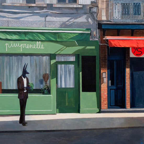 Anubis in front of the Pimprenelle flower shop in the work of Joanna Karpowicz.