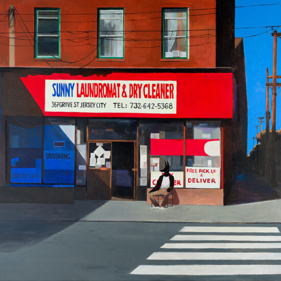 Anubis siedzący przed pralnią w New Jersey City na obrazie Joanny Karpowicz