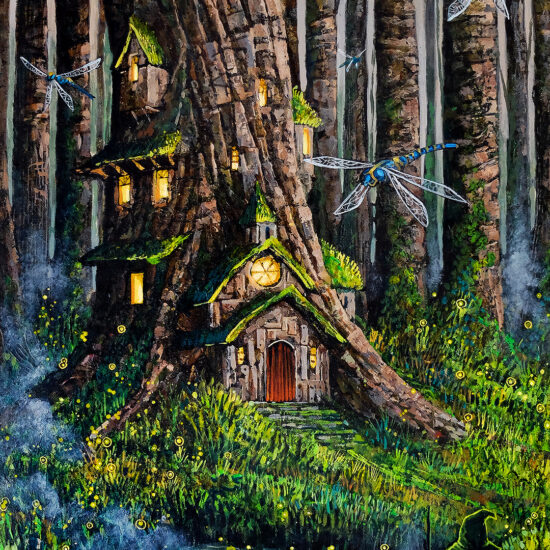 Oti i Stary Las autorstwa Rocha Urbaniaka - uroczy domek w pniu starego drzewa otoczony latającymi ważkami i świetlikami w gęstym lesie.