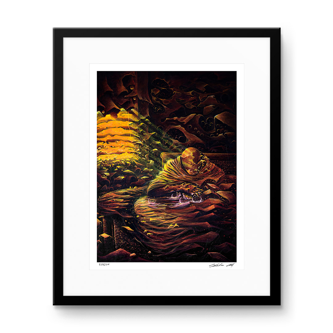 Surrealistyczny obraz Sebastiana Monia przedstawiający tajemniczą postać otoczoną światłem i motylami w mrocznym otoczeniu.