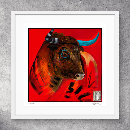 "Red Bull" autorstwa Wojciecha Brewki — dynamiczny portret byka na czerwonym tle.