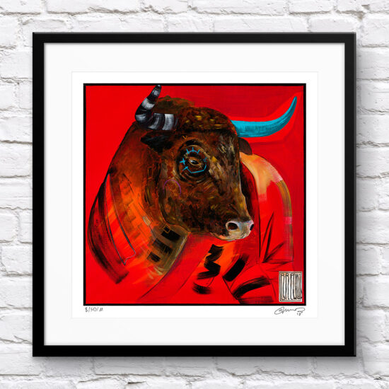 "Red Bull" autorstwa Wojciecha Brewki — dynamiczny portret byka na czerwonym tle.