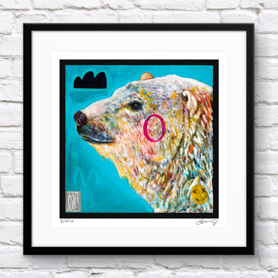 "Robi się gorąco" autorstwa Wojciecha Brewki — portret niedźwiedzia polarnego na turkusowym tle.
