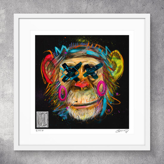 Wisdom I autorstwa Wojciecha Brewki — portret małpy na ciemnym tle