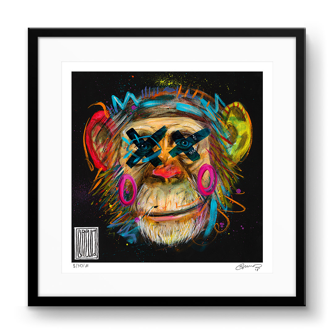 Wisdom I autorstwa Wojciecha Brewki — portret małpy na ciemnym tle