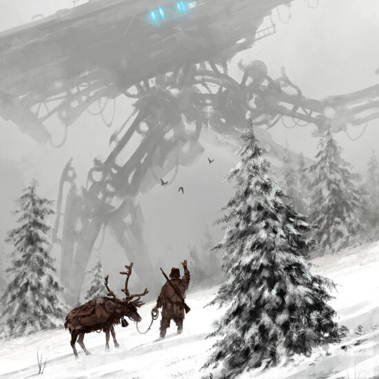 "1920 - Winter Walker" by Jakub Różalski – a winter scene with reindeer and a giant walking machine.