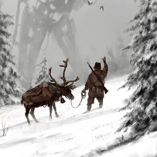 "1920 - Winter Walker" by Jakub Różalski – a winter scene with reindeer and a giant walking machine.