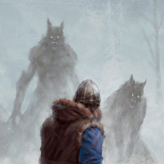 "Knock Knock" by Jakub Różalski – the hero faces off against werewolves.