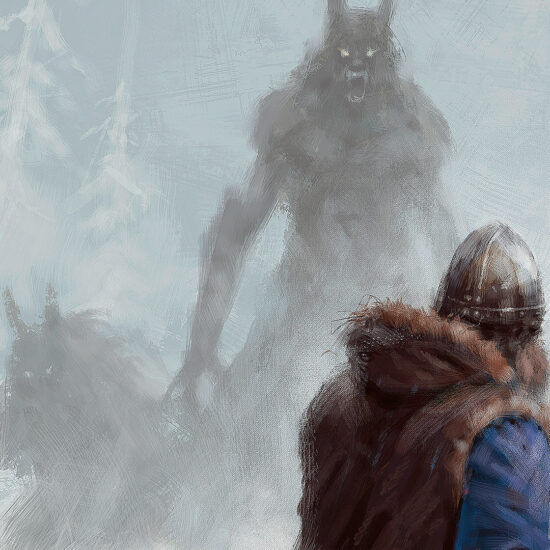 "Knock Knock" by Jakub Różalski – the hero faces off against werewolves.