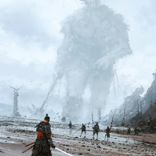 Stranger in a Strange Land by Jakub Różalski – a dark confrontation between the hero and a giant adversary.