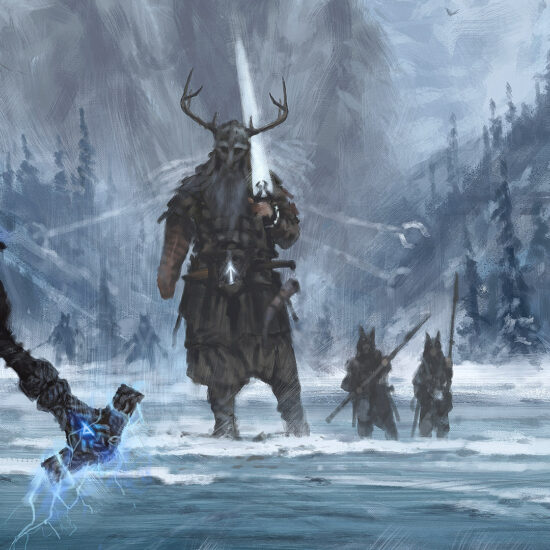 "Strong Bond" by Jakub Różalski – Tyr and Fenrir in a dramatic confrontation with the gods.