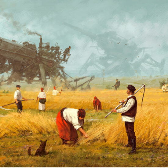 "1920 - Advanced Harvest" by Jakub Różalski – the tranquility of rural life and advanced technology.