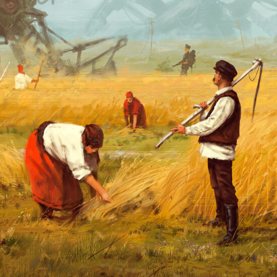 "1920 - Advanced Harvest" by Jakub Różalski – the tranquility of rural life and advanced technology.