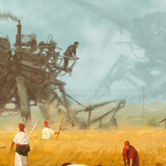 "1920 - Advanced Harvest" by Jakub Różalski – the tranquility of rural life and advanced technology.