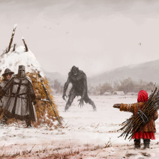 Good Girl by Jakub Różalski – a girl in a winter landscape with a menacing beast in the background.