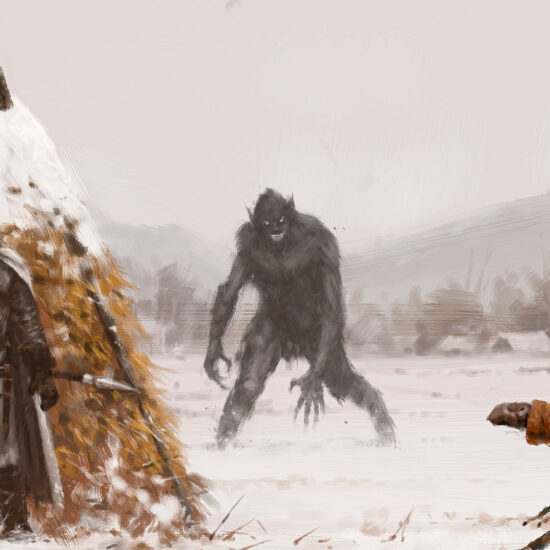 Good Girl by Jakub Różalski – a girl in a winter landscape with a menacing beast in the background.