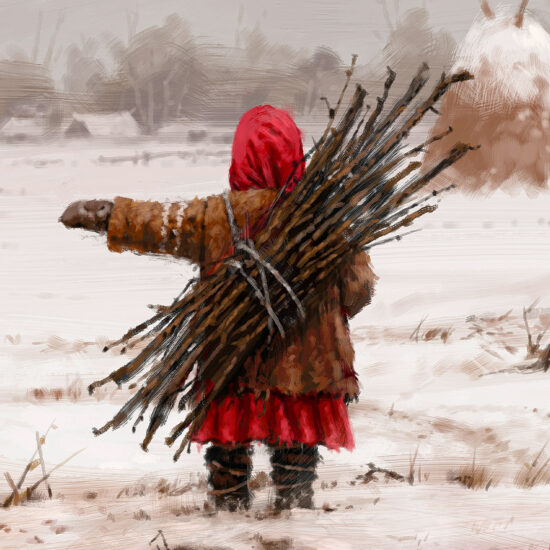 Good Girl by Jakub Różalski – a girl in a winter landscape with a menacing beast in the background.