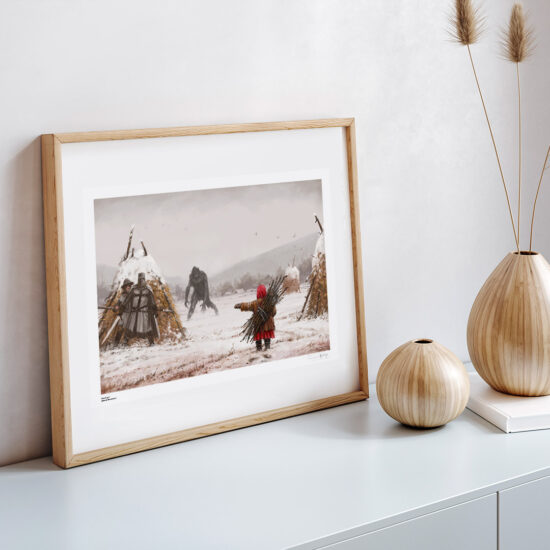 Good Girl by Jakub Różalski – a girl in a winter landscape with a menacing beast in the background.