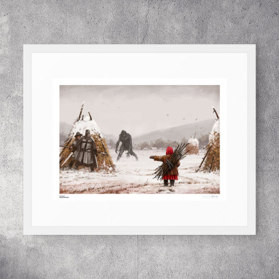 Good Girl by Jakub Różalski – a girl in a winter landscape with a menacing beast in the background.